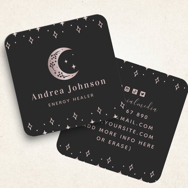 Rose Gold Mystic Moon & Star Sparkles Modern Witch Square Business Card (Creator Uploaded)