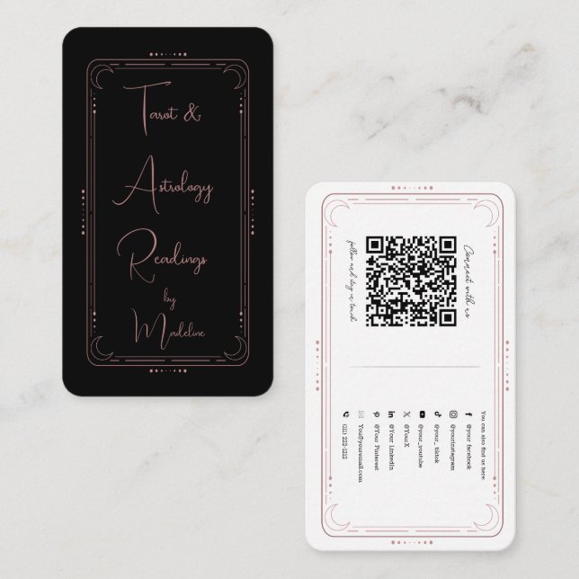 Rose Gold Mystical Tarot Reader Social Media QR Business Card (Front/Back)