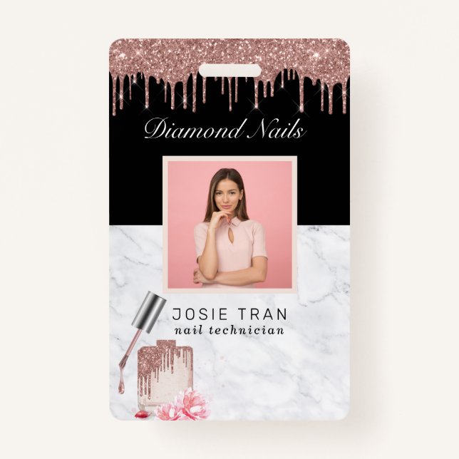 Rose Gold Nail Salon Employee Photo ID Badge (Front)