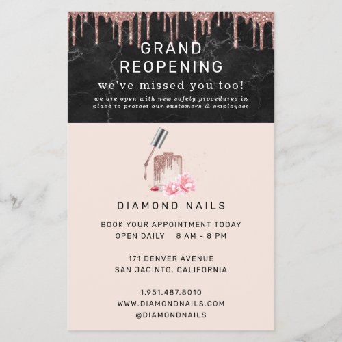 Rose Gold Nail Salon Grand Reopening Covid Safety Flyer