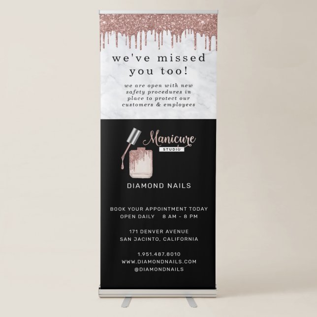Rose Gold Nail Tech Covid Safety and Prevention Retractable Banner (Front)
