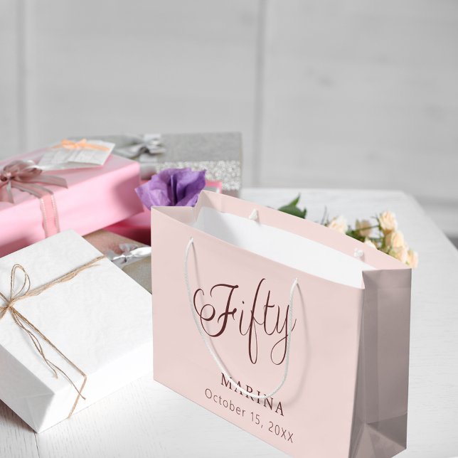 Rose gold name script 50th birthday large gift bag (Creator Uploaded)