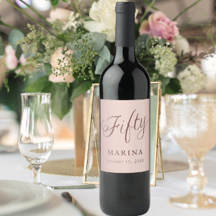 Rose gold name script 50th birthday wine label