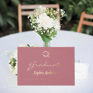 Rose gold name script cap Graduation Foil Guest Book