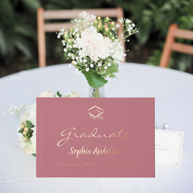 Rose gold name script cap Graduation Foil Guest Book (Creator Uploaded)