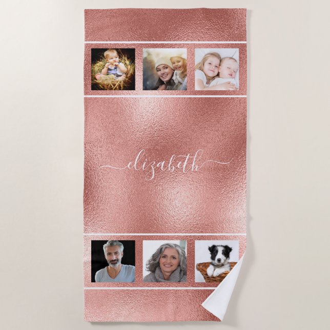 Rose gold name script photo collage beach towel (Front)