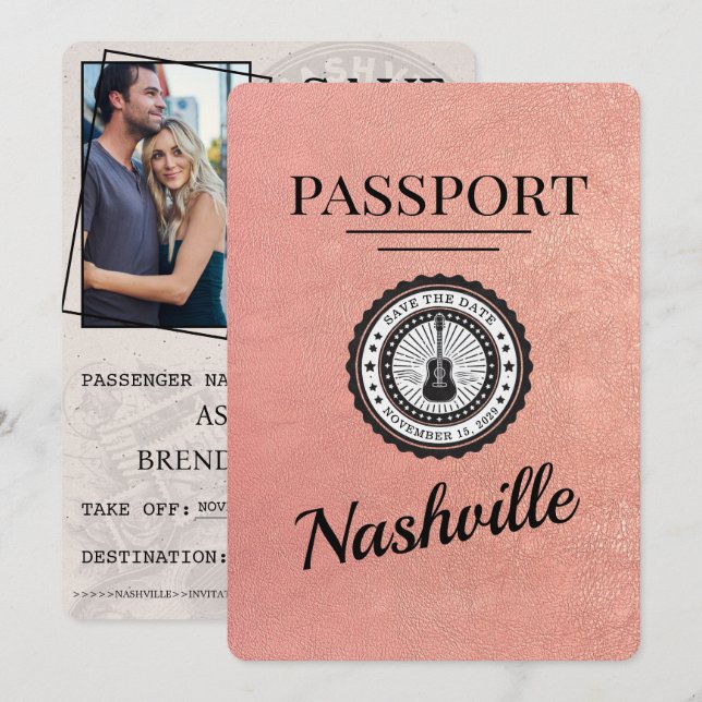 Rose Gold Nashville Passport Save The Date (Front/Back)