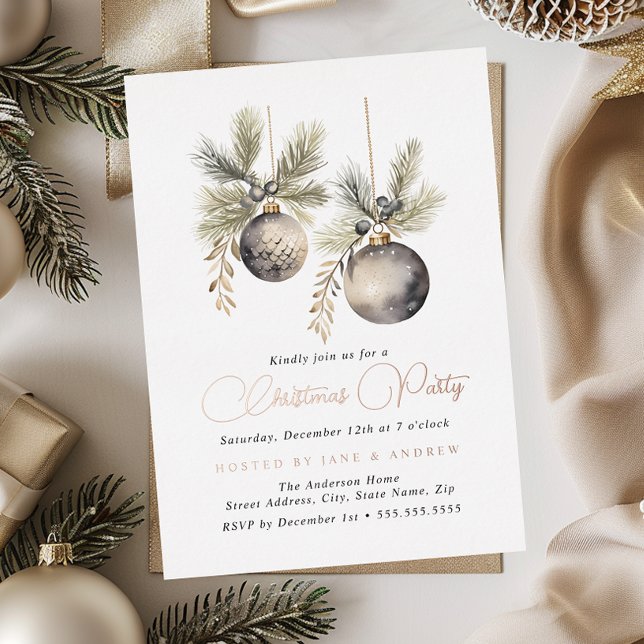 Rose Gold Natural Beige Baubles Christmas Party  Foil Invitation (Creator Uploaded)