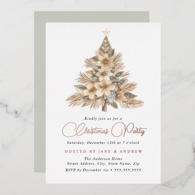 Rose Gold Natural Beige Christmas Tree  Foil Invitation (Front/Back)