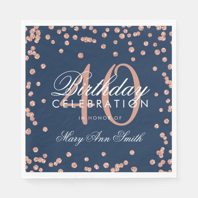 Rose Gold Navy 40th Birthday Glitter Confetti Napkins (Front)