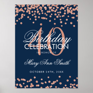 Rose Gold Navy 40th Birthday Glitter Confetti Poster