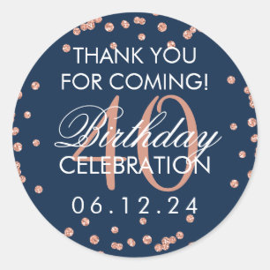 Rose Gold Navy 40th Birthday Thank You Confetti Classic Round Sticker