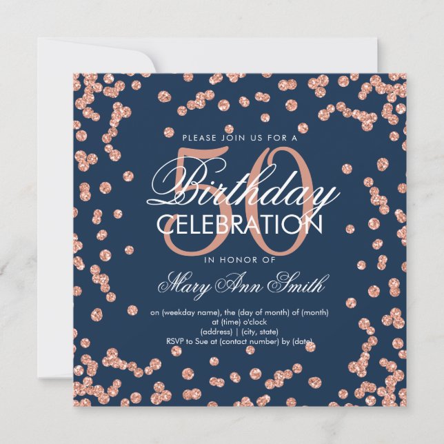 Rose Gold Navy 50th Birthday Glitter Confetti Invitation (Front)