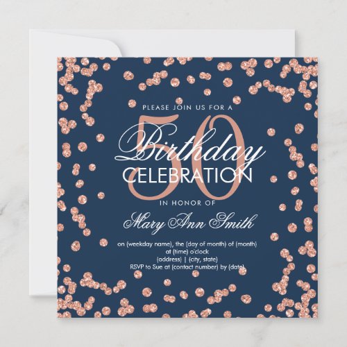 Rose Gold Navy 50th Birthday Glitter Confetti Invitation