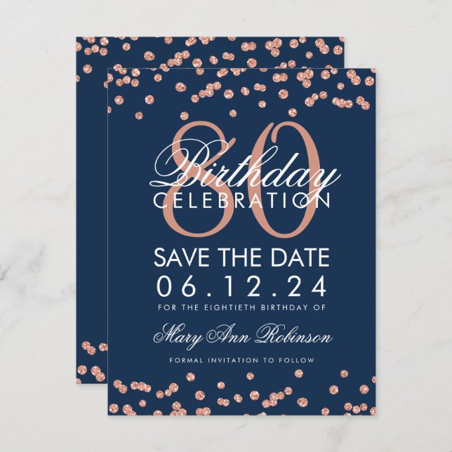 Rose Gold Navy 80th Birthday Save Date Confetti Invitation (Front/Back)