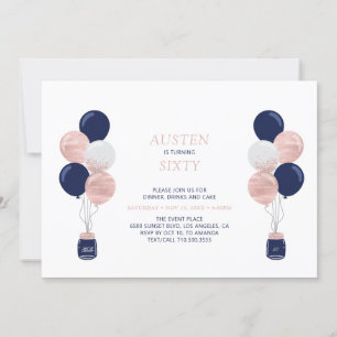 Rose Gold & Navy Balloon Modern 30 Birthday Party Invitation
