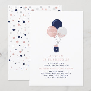 Rose Gold & Navy Balloons Modern Birthday Party Invitation