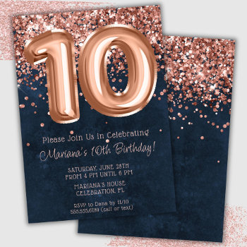 Rose Gold Navy Blue 10th Birthday Party Invitation by WittyPrintables at Zazzle