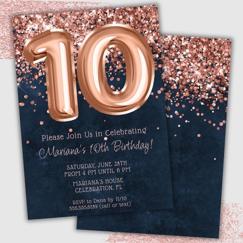 Rose Gold Navy Blue 10th Birthday Party Invitation