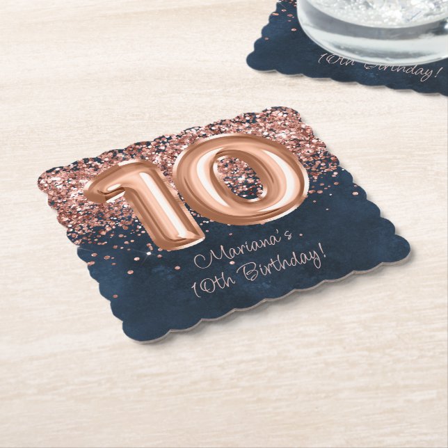  Rose Gold Navy Blue 10th Birthday Party Paper Coaster (Angled)