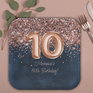 Rose Gold Navy Blue 10th Birthday Party Paper Plates