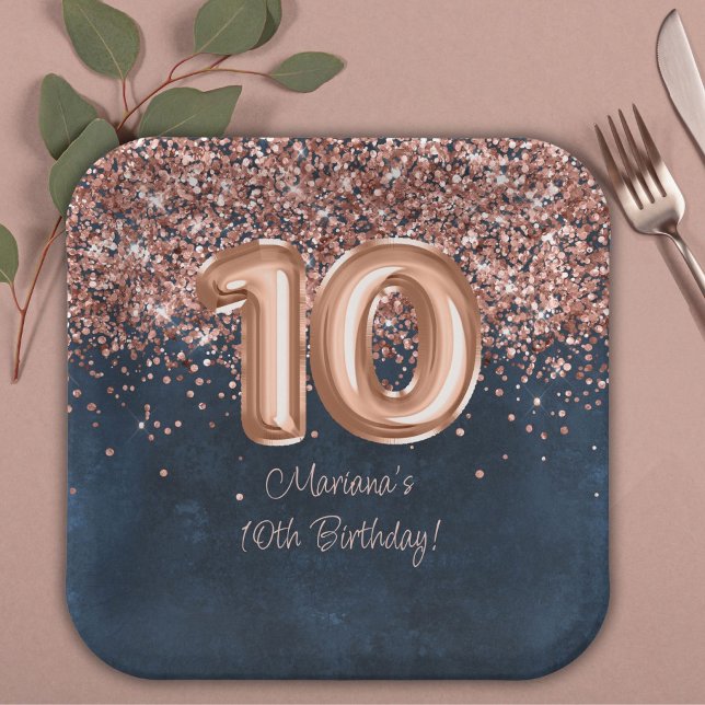  Rose Gold Navy Blue 10th Birthday Party Paper Plates (Creator Uploaded)