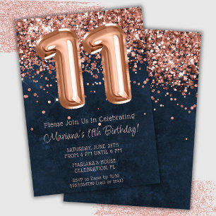 Rose Gold Navy Blue 11th Birthday Party Invitation