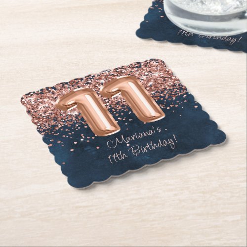  Rose Gold Navy Blue 11th Birthday Party Paper Coaster