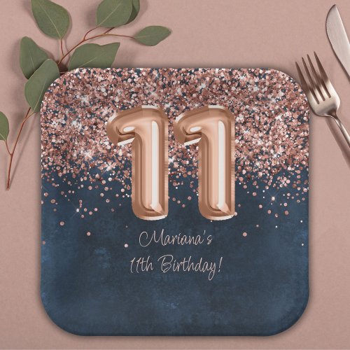  Rose Gold Navy Blue 11th Birthday Party Paper Plates