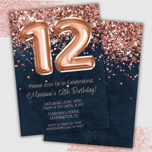 Rose Gold Navy Blue 12th Birthday Party Invitation