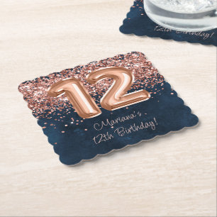 Rose Gold Navy Blue 12th Birthday Party Paper Coaster