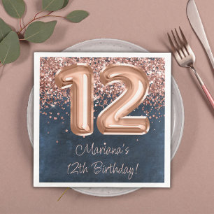 Rose Gold Navy Blue 12th Birthday Party Paper Dinner Napkins