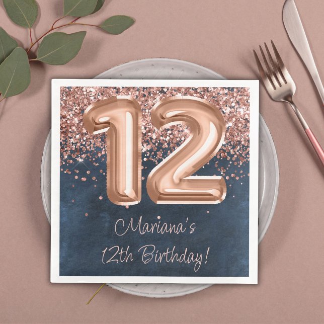  Rose Gold Navy Blue 12th Birthday Party Paper Dinner Napkins (Creator Uploaded)