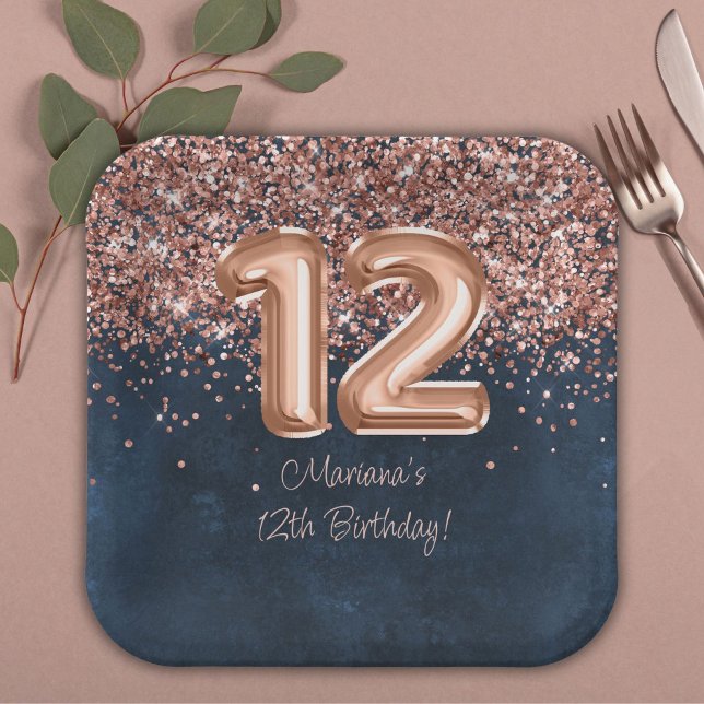  Rose Gold Navy Blue 12th Birthday Party Paper Plates (Creator Uploaded)