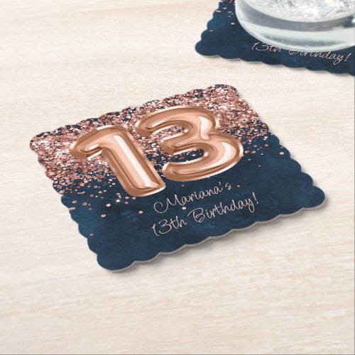  Rose Gold Navy Blue 13th Birthday Party Paper Coaster