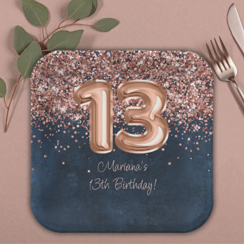 Rose Gold Navy Blue 13th Birthday Party Paper Plates by WittyPrintables at Zazzle