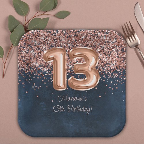  Rose Gold Navy Blue 13th Birthday Party Paper Plates