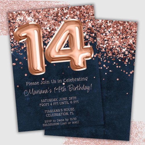 Rose Gold Navy Blue 14th Birthday Party Invitation