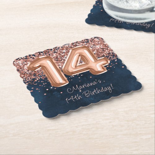  Rose Gold Navy Blue 14th Birthday Party Paper Coaster