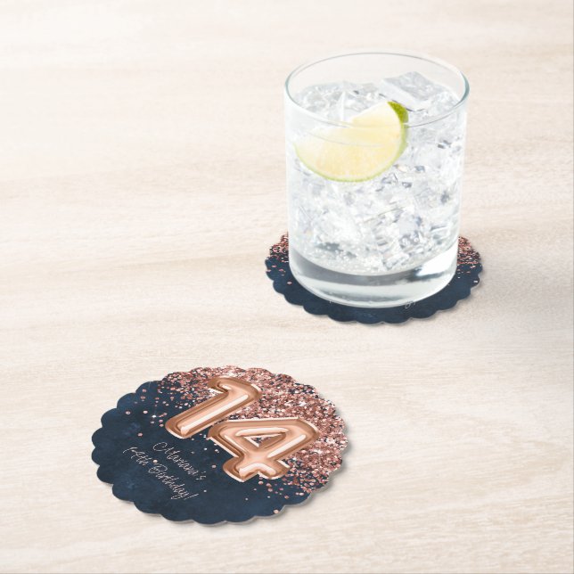  Rose Gold Navy Blue 14th Birthday Party Paper Coaster (Insitu)