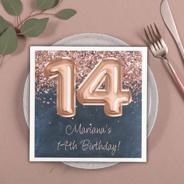  Rose Gold Navy Blue 14th Birthday Party Paper Dinner Napkins (Creator Uploaded)