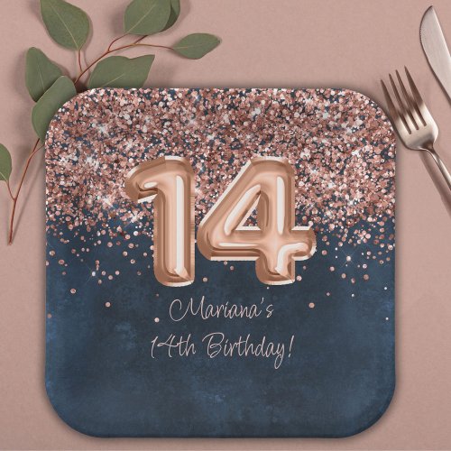  Rose Gold Navy Blue 14th Birthday Party Paper Plates