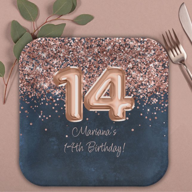  Rose Gold Navy Blue 14th Birthday Party Paper Plates (Creator Uploaded)