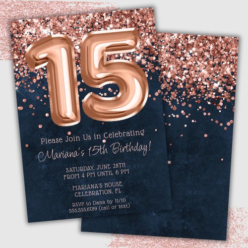 Rose Gold Navy Blue 15th Birthday Party Invitation