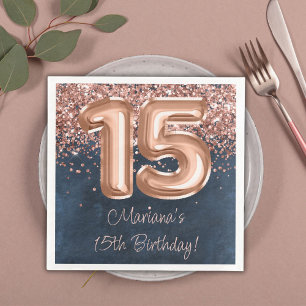 Rose Gold Navy Blue 15th Birthday Party Paper Dinner Napkins