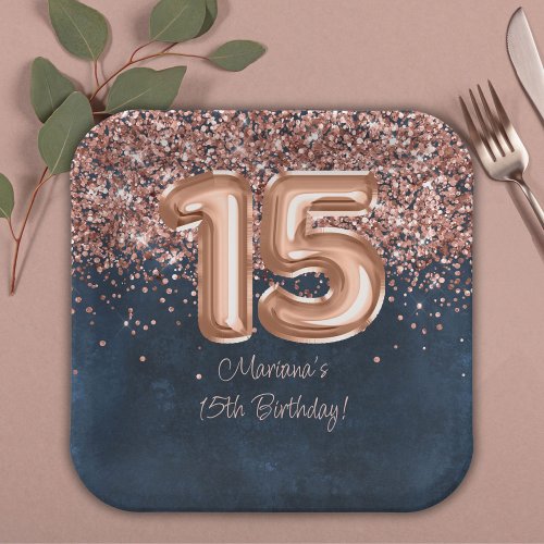  Rose Gold Navy Blue 15th Birthday Party Paper Plates
