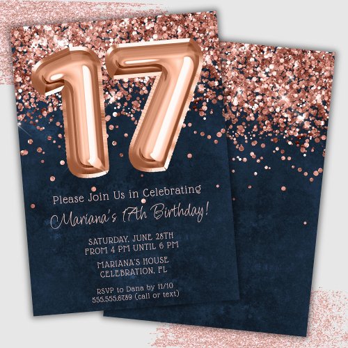 Rose Gold Navy Blue 17th Birthday Party Invitation