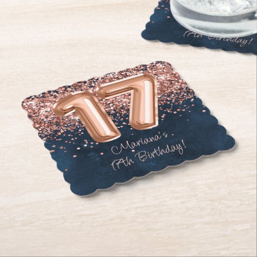  Rose Gold Navy Blue 17th Birthday Party Paper Coaster