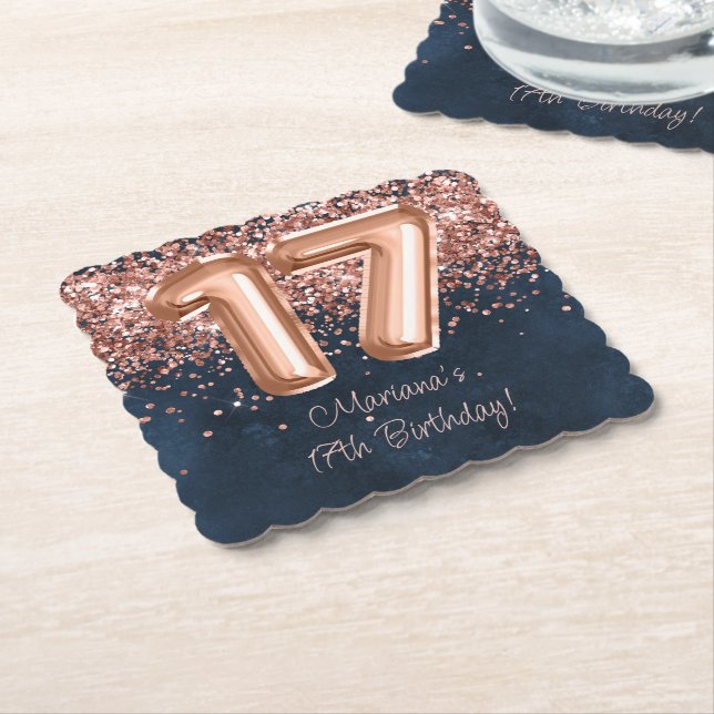  Rose Gold Navy Blue 17th Birthday Party Paper Coaster (Angled)