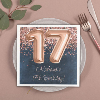Rose Gold Navy Blue 17th Birthday Party Paper Dinner Napkins by WittyPrintables at Zazzle